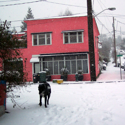 Pink building, snow